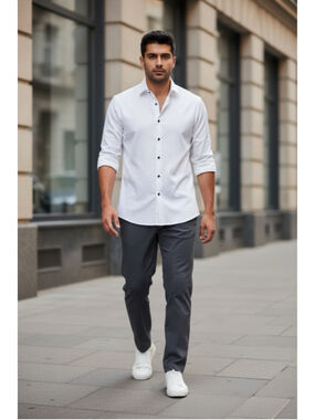 Men's SUITSHOP White Dress Shirt with Black Buttons XL